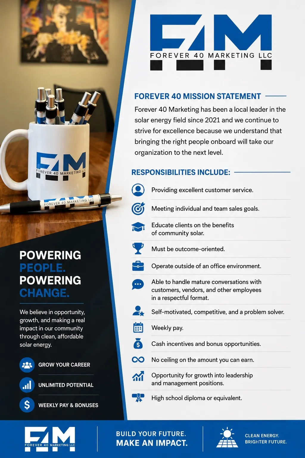 Forever 40 Marketing mission and career information